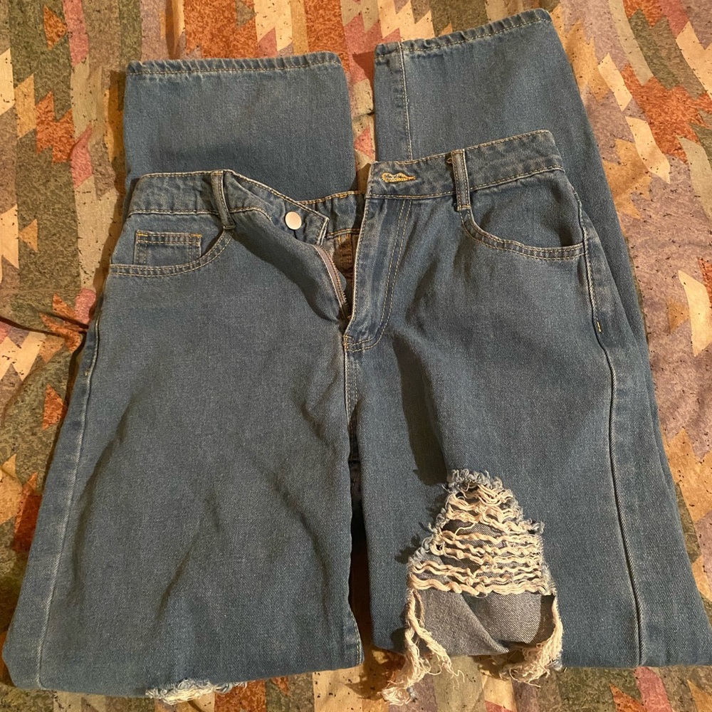 SHEIN Blue Ripped Straight Leg Jeans